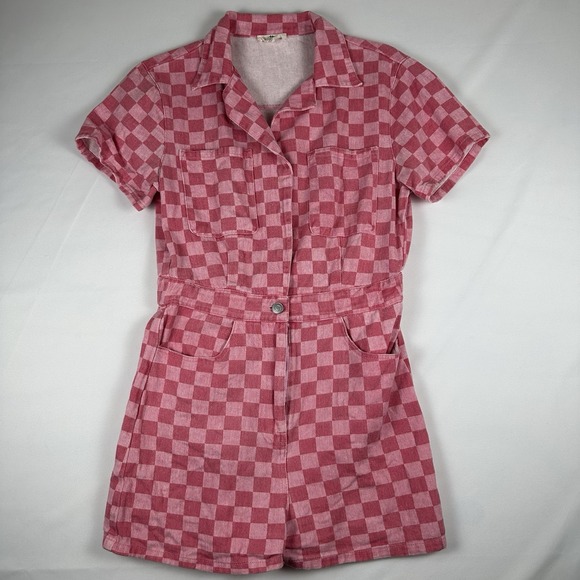 entro Pants - Entro Pink Checkered Romper Size S Button Front Collared Elastic Waist Y2K Retro